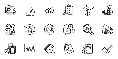 Outline set of Wallet, Credit card and Report line icons for web application. Talk, information, delivery truck outline icon. Include Bitcoin, Bill accounting, Data analysis icons. Vector