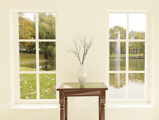Interior with two windows and a decorative vase in the middle. Interior decoration. 3d illustration.