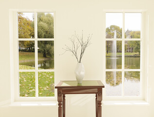 Fototapeta premium Interior with two windows and a decorative vase in the middle. Interior decoration. 3d illustration.