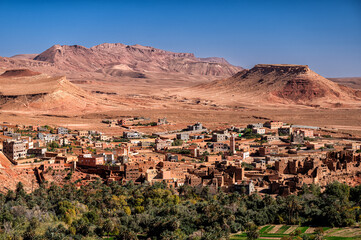 View of the town of Tinghir, Tinerhir - a beautiful oasis on the Todra River in the Atlas Mountains, Morocco.
