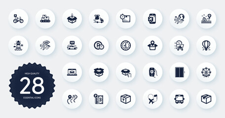 Set of Transportation icons, such as Airplane wifi, Ferris wheel and Flight mode flat icons. Bicycle parking, International flight, Wholesale goods web elements. Get box, Road. Circle buttons. Vector
