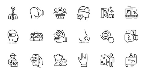 Outline set of Cardio training, Face id and Teamwork line icons for web application. Talk, information, delivery truck outline icon. Include Chef, Journey path, Augmented reality icons. Vector