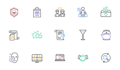 Teapot, Handshake and Martini glass line icons for website, printing. Collection of Holidays shopping, Seo laptop, Report icons. Cyber attack, Donation, Stars web elements. Stop shopping. Vector