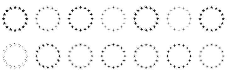 Stars in Circle Shape Silhouette Icon Set. Circular Decor Ornament Icon on White Background. Modern Round Award Frame with Black Stars Pictogram. Isolated Vector Illustration