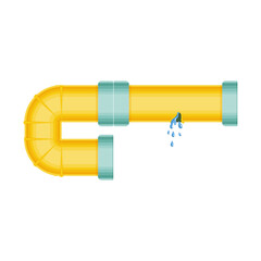 Broken pipes with a leak of steam or lead gas, rupture of the pipeline. Dripping faucet, problems with water supply, broken pipes. Wind illustration isolated on white background.