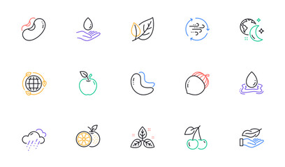 Leaf, Cashew nut and Eco energy line icons for website, printing. Collection of Fair trade, Wind energy, Cherry icons. Apple, Orange, Water care web elements. Rainy weather, Acorn, Lightweight. Vector