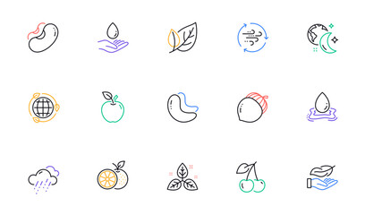 Fototapeta premium Leaf, Cashew nut and Eco energy line icons for website, printing. Collection of Fair trade, Wind energy, Cherry icons. Apple, Orange, Water care web elements. Rainy weather, Acorn, Lightweight. Vector