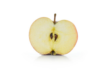 Half fresh organic apple with fruit pulp, seeds and stem, isolated with shadow on a white background, copy space