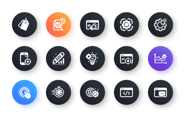 Seo icons. Website stats, Target and Increase sales signs. Traffic management, social network and seo optimization icons. Classic set. Circle web buttons. Vector