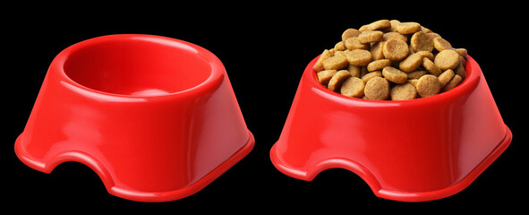 Pet food, empty and full red pet bowl, isolated on black background