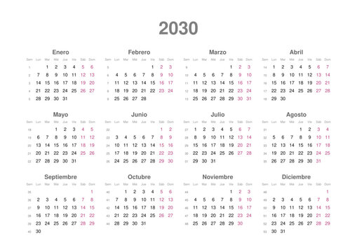 Kalender 2030, spanisch, Querformat