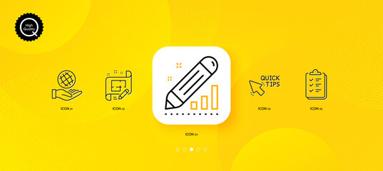 Fototapeta na wymiar Architect plan, Checklist and Edit statistics minimal line icons. Yellow abstract background. Safe planet, Quick tips icons. For web, application, printing. Vector
