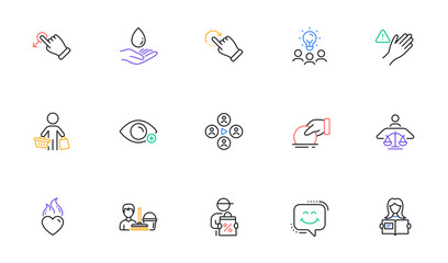 Buyer, Delivery discount and Water care line icons for website, printing. Collection of Woman read, Donate, Drag drop icons. Court judge, Cleaning service, Heart flame web elements. Vector