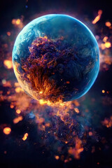 Planet earth destruction. Exploding planet. Outer space explosions, meteors, planets and stars.