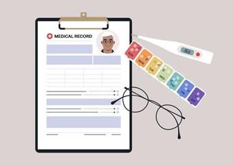 A set of senior patient's medical chart clipped to a clipboard, pill box, glass frames, and plastic thermometer