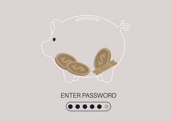 A glass piggy bank with coins inside, transparent banking service, financial industry security standards, online protocol