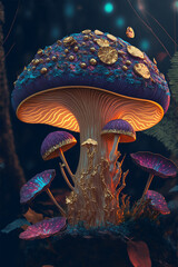 Mushroom in Jungle metallic-punk style. Generative Ai.