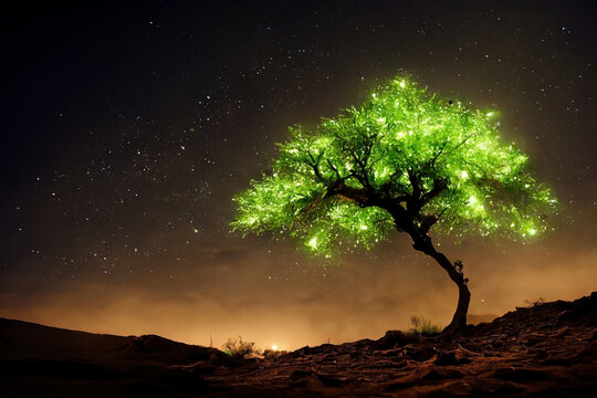 Single tree growing in the middle of the desert. Barren land with a solo green lush tree.