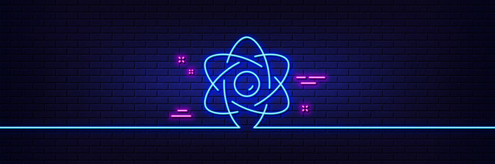 Neon light glow effect. Atom core line icon. Nuclear power sign. Nucleus energy symbol. 3d line neon glow icon. Brick wall banner. Atom core outline. Vector