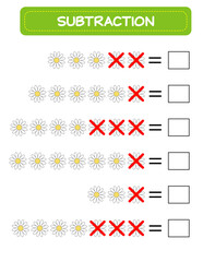 Subtraction.  Math worksheet for kids. Developing numeracy skills. Solve examples and write. Mathematics. Vector illustration.Educational math children game. Subtraction for kids