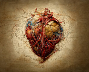 anatomy of a heart davinci style illustration with a vintage paper texture background