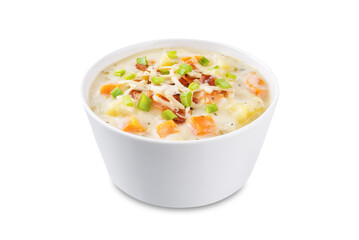 Fresh hot chowder soup with fried bacon slices and shredded cheese in a bowl on a white isolated background