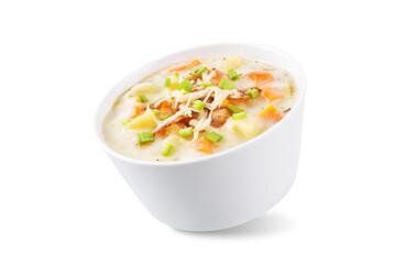 Fresh hot chowder soup with fried bacon slices and shredded cheese in a bowl on a white isolated background