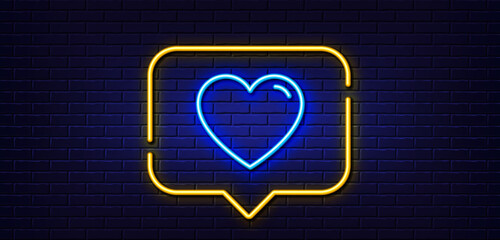Neon light speech bubble. Heart line icon. Love sign. Valentines Day sign symbol. Neon light background. Heart glow line. Brick wall banner. Vector