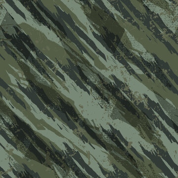 Abstract seamless military pattern in green grey colors. Repeat camouflage ornament. Endless linear grunge print for sport textile, wrapping paper. 