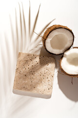 Coconut beauty skincare scene for cosmetic product presentation made with travertine tile mockup...