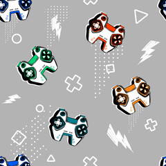 Vector Seamless pattern with gamepad illustration on grey background. Gaming repeat print for teenager sport textile, wrapping paper. © Kseniia Koval