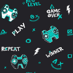 Gamepad seamless pattern. Vector gaming repeat print for sport textile, fashion clothes, wrapping paper. Words Winner, game over. © Kseniia Koval