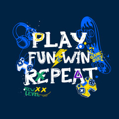 Teenager poster with gamepad, skateboard, headphones linear illustration, text New level, Play, fun, eat, repeat.  Gaming lettering composition. © Kseniia Koval