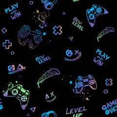 Abstract seamless pattern with gamepad illustration, pizza slice, monster faces, text Play and win, game over, new level. Linear neon gaming repeat game pads ornament. Urban cover print © Kseniia Koval