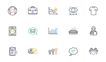 Washing machine, Donation and Hold heart line icons for website, printing. Collection of Report diagram, Savings, Arena stadium icons. T-shirt, First aid, Approved web elements. Vector