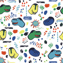 Naklejka premium Dinosaurs funny doodle vector seamless pattern.