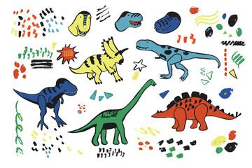 Dinosaurs funny doodle vector illustrations set.