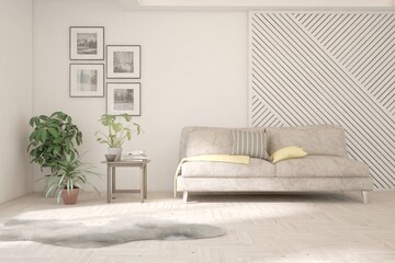 White living room with sofa. Scandinavian interior design. 3D illustration