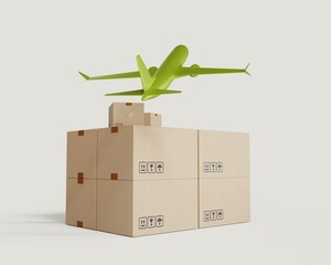 Cargo transportation by air. Boxes with goods and an airplane. Logistics operations and transportation. 3d rendering.