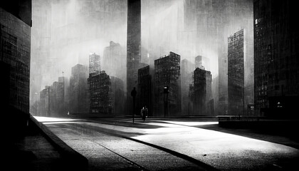 Vintage misty city streets with buildings on both sides. Muted sin city style. 