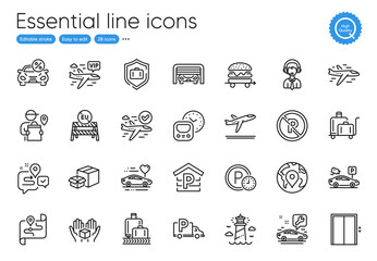 Map, Shipping support and Parking garage line icons. Collection of No parking, Baggage reclaim, Food delivery icons. Car service, Confirmed flight, Hold box web elements. Departure plane. Vector