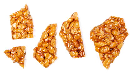 Set croccante peanuts pieces, caramelized nut, candied roasted nuts isolated on white, top view