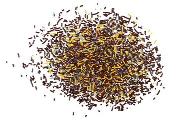 Cloroful chocolate sprinkles pile, frame granules isolated on white, top view 
