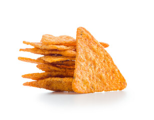 Tortilla chips with the flavor of chili peppers isolated on white background.