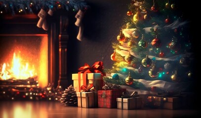 Christmas tree and holidays present on fireplace background. Christmas tree and Christmas gifts
