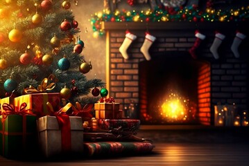 Christmas tree and holidays present on fireplace background. Christmas tree and Christmas gifts