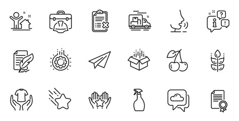 Outline set of Weather forecast, Ranking and Hold t-shirt line icons for web application. Talk, information, delivery truck outline icon. Vector