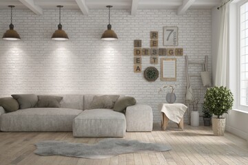Living room with sofa. Scandinavian interior design. 3D illustration
