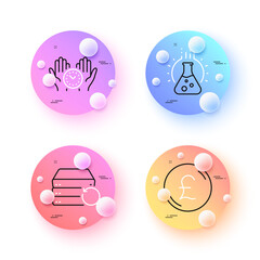 Safe time, Pound money and Chemistry lab minimal line icons. 3d spheres or balls buttons. Recovery server icons. For web, application, printing. Management, Currency, Laboratory. Backup data. Vector