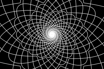 Abstract wireframe tunnel. The white line rotates flower on the black background. Vector illustration.